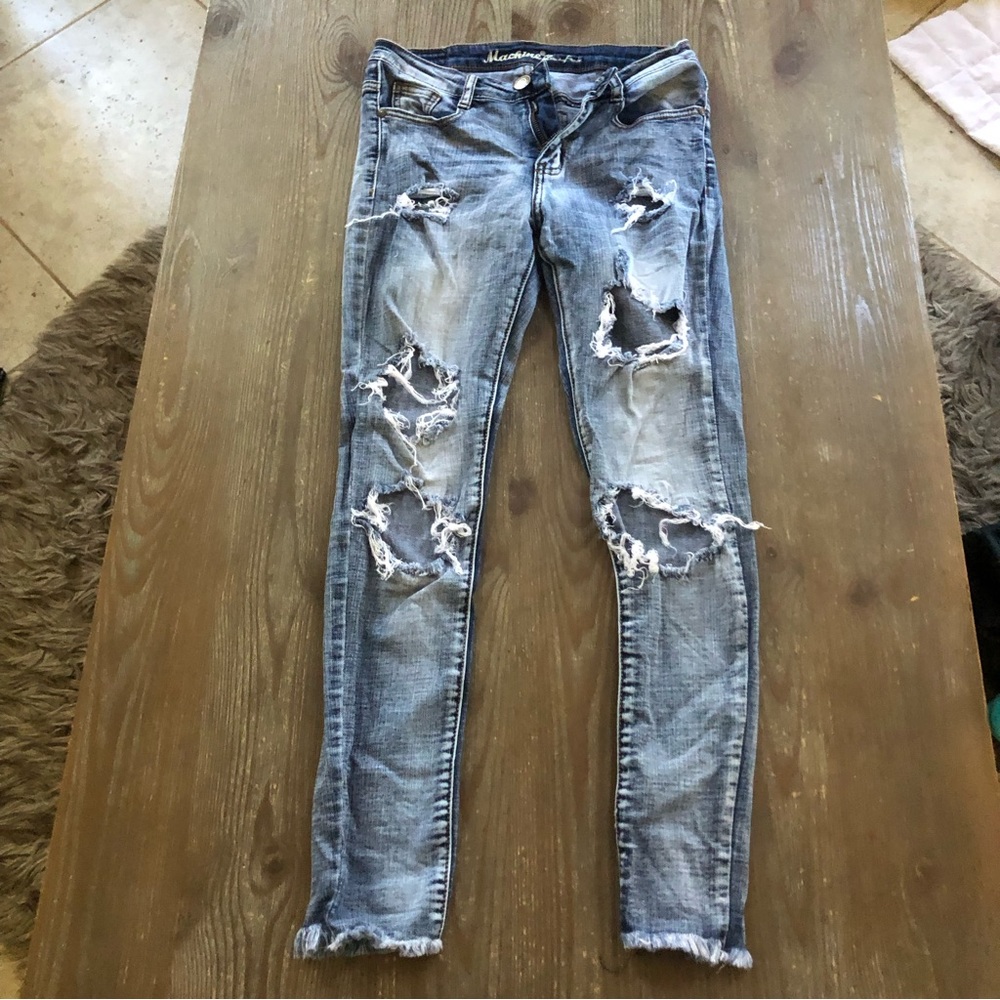 Machine Denim Distressed Destroyed Raw Hem Ankle SkinnyJeans Sz 3